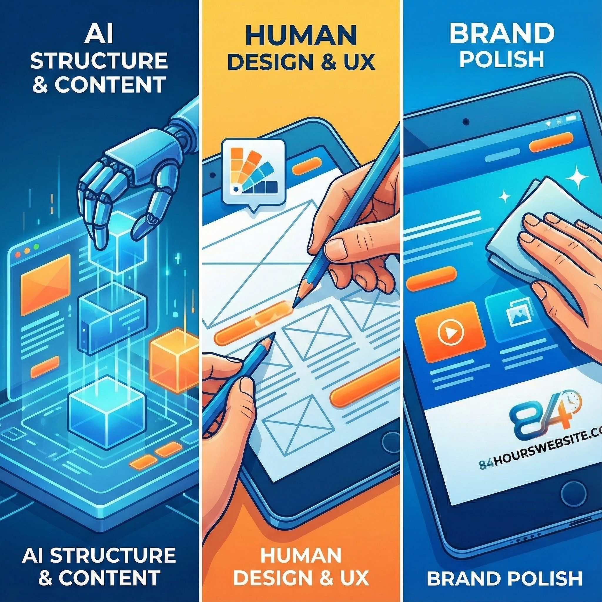 AI accelerates structure and content, humans refine design and UX